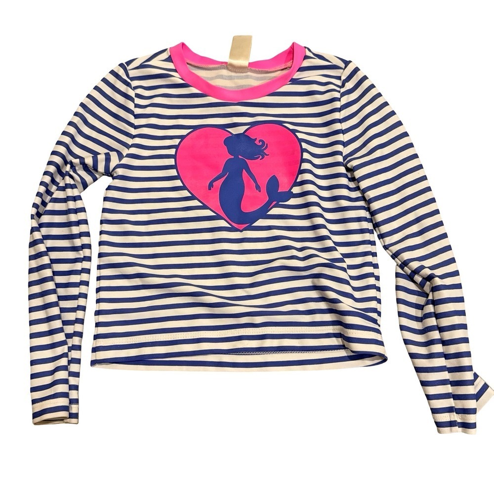 OshKosh Bgosh Rash Guard Blue White Striped Mermaid Heart Girls 4T